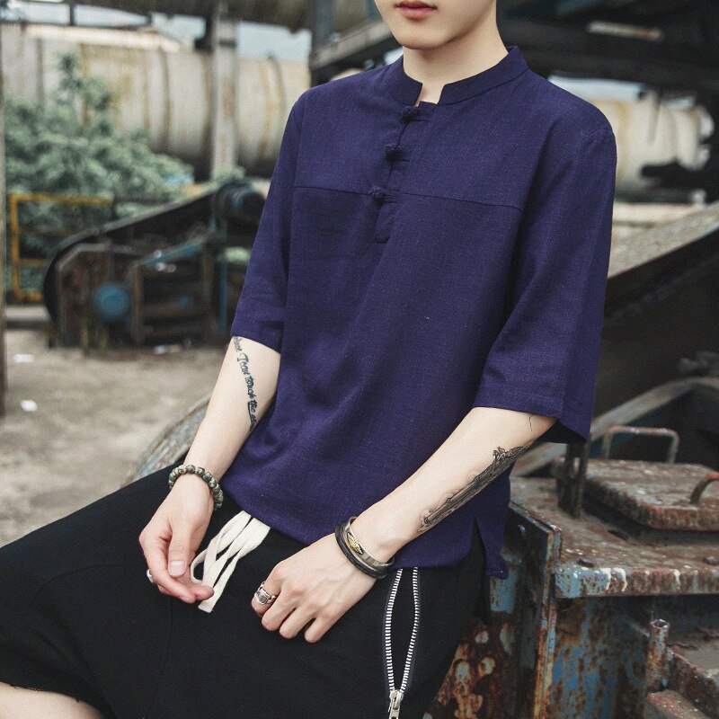 Sommer kortermet lin t-skjorte menn kinesisk stil knapp pluss størrelse løs bluse mannlig tradisjonell hanfu kung fu t-skjorter antrekk