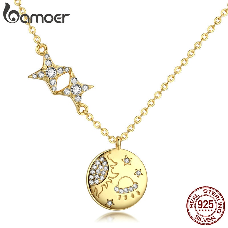 BAMOER 100% 925 Sterling Silber Geheimnis Galaxis Gold Farbe Anhänger Halsketten für Frauen Halskette Schmuck, Der SCN281