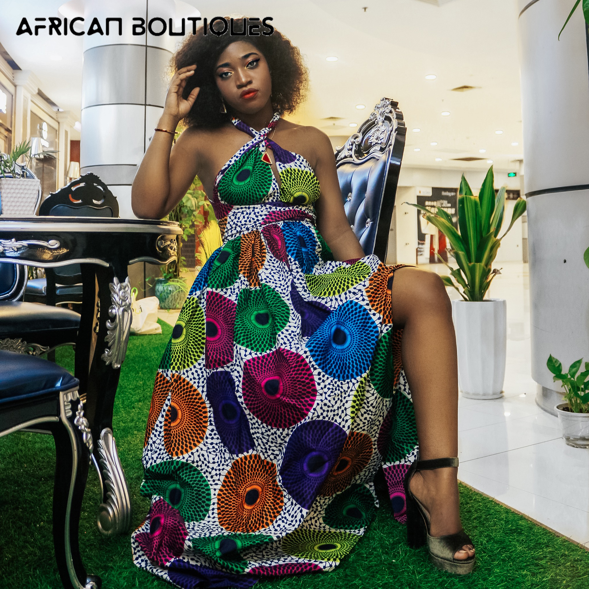 African Clothes for Women Ankara Print Dresses V-neck African Traditional Maxi Dress for Women