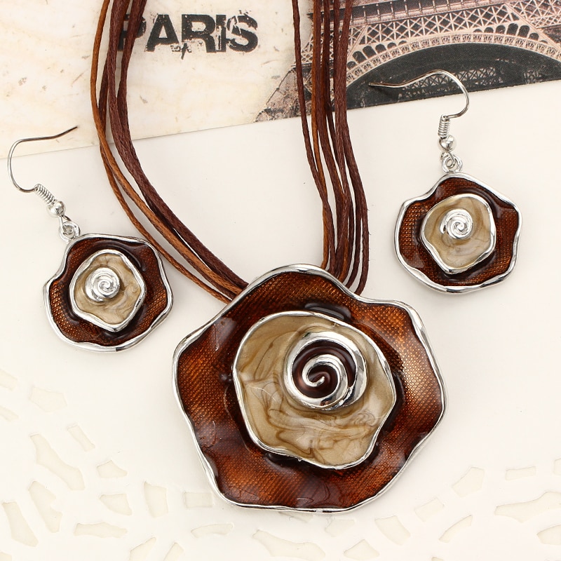 Zoshi Sieraden Sets Enamel Bloem Hanger Multilayer Leather Rope Set Ketting Oorbellen Set Voor Vrouwen