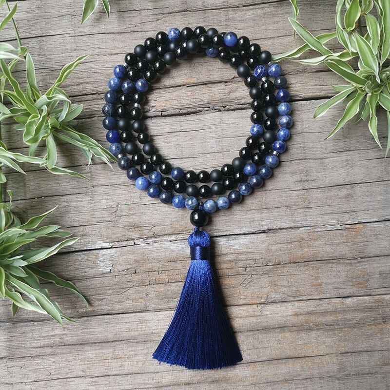 8mm sodalit mala perler, blå og sort halskæde, bøn mala halskæde, meditationssmykker, unisex mala, yoga  ,108 mala perler