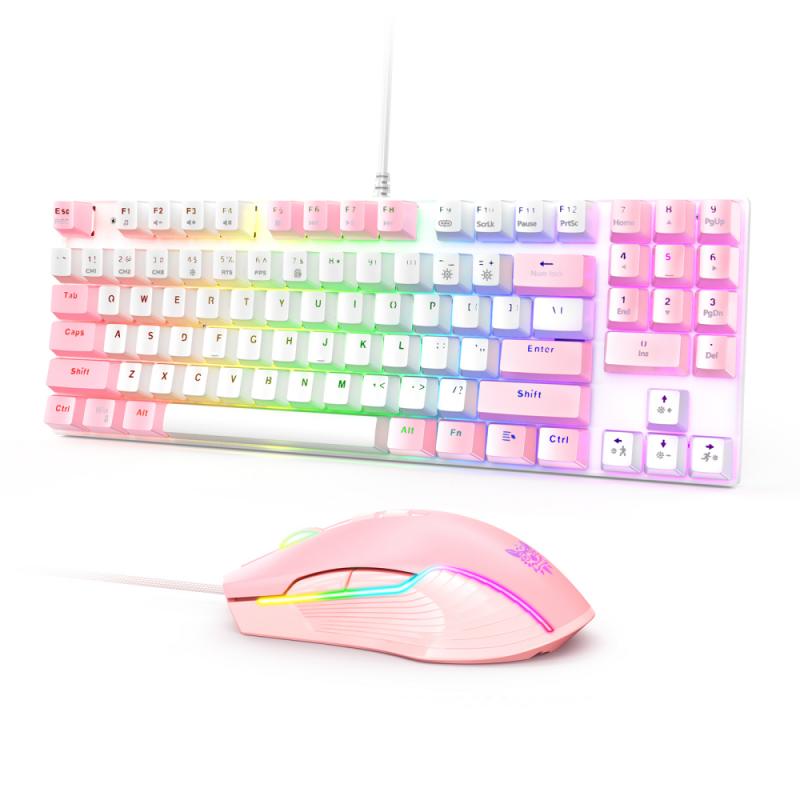 ONIKUMA Blue Axis Wired Gaming Mechanical Backlit Keyboard And Gaming Wired Mouse Set USB Interface RGB Lighting Effect: white pink