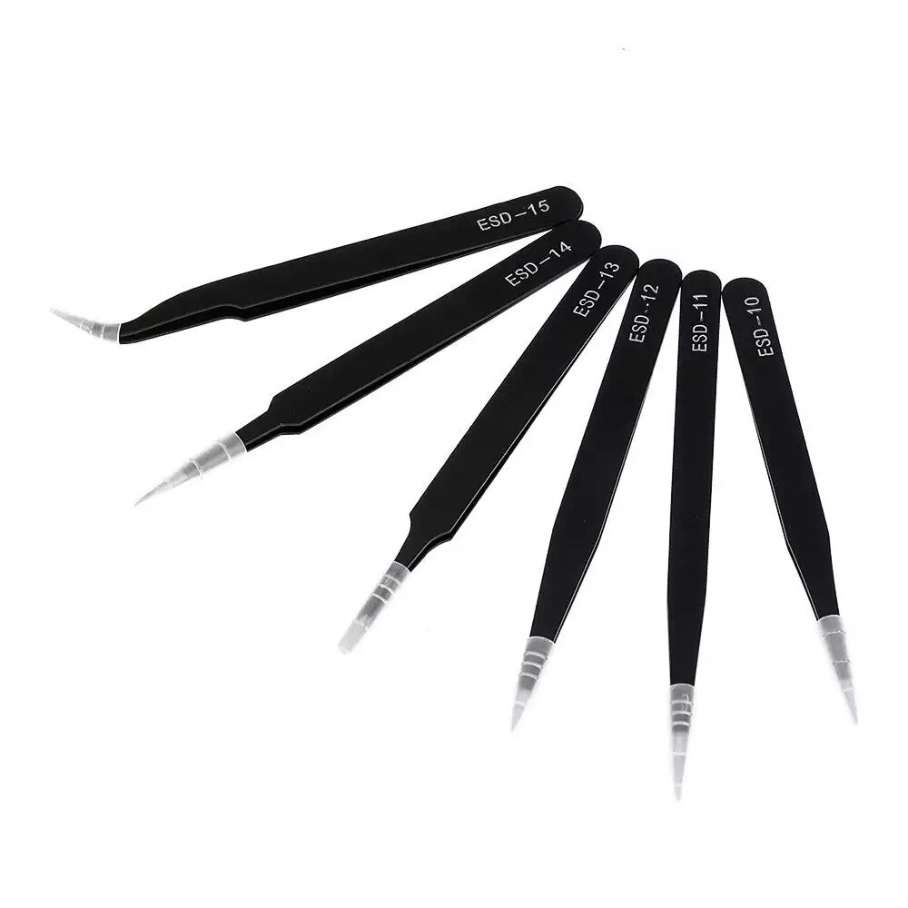 6 Pcs ESD Antistatic Tweezers Tool Set High Tip Curved Straight Tweezer Stainless Multifunction Nipper Repair Tool Kit