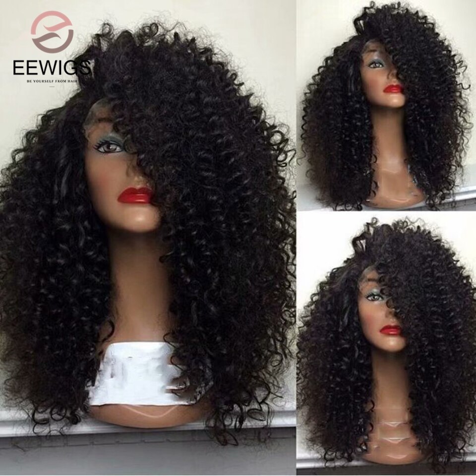 EEWIGS Long Black Curly Wig 180% Density Synthetic Lace Front Wig With Natural Hairline Heat Resistant Afro Wigs For Black Women