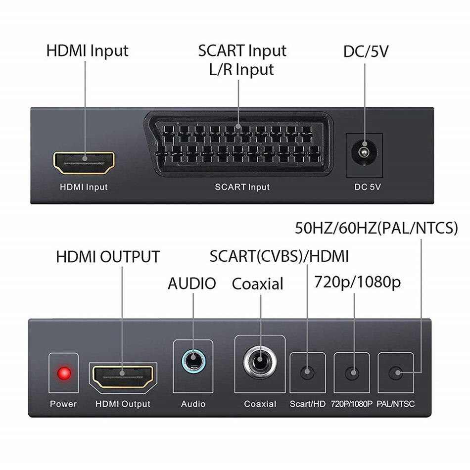 PAL/NTSC SCART + HDMI to HDMI Video Converter Box 1080P Upscaler with 3.5mm Coaxial Audio Output For Game Console, DVD, STB