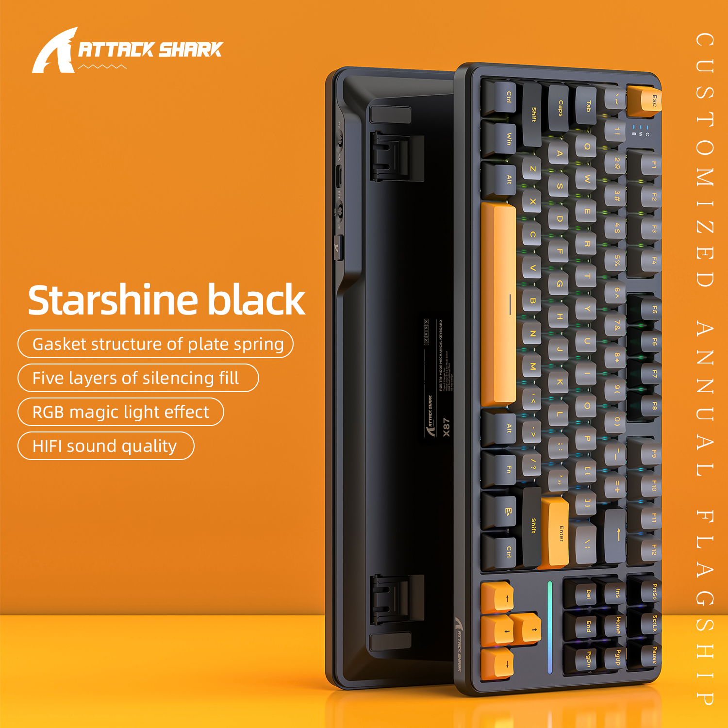 Klawiatura do gier Attack Shark X87 Macro Drive, klawiatura mechaniczna Bluetooth z grawerowaną bokiem półprzezroczystą postacią, RGB, Hot-Swap: Black