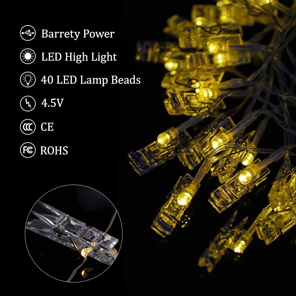 ledet fotoklemme lysstreng lys utendørs eventyrlys batteridrevet krans til julepynt til hjemmet gjør det selv fotovegg