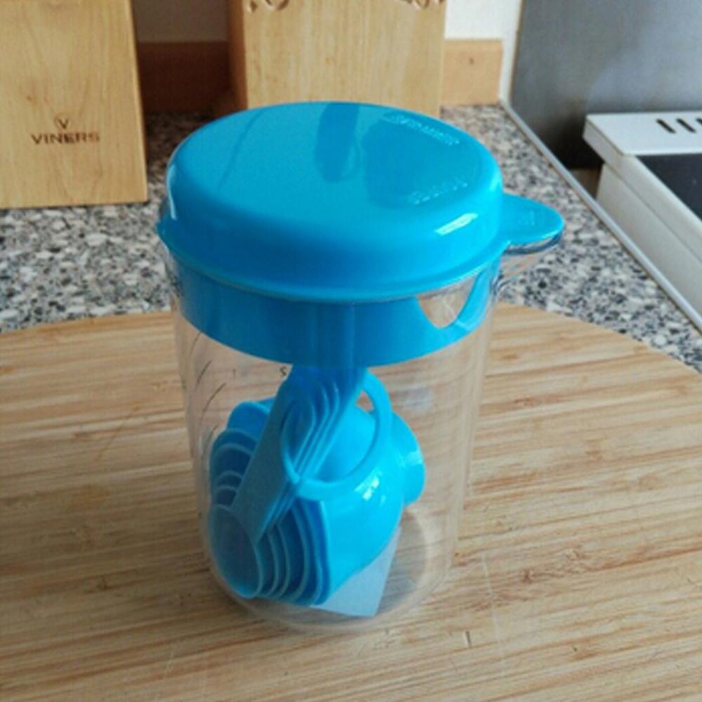 Measuring Cup Container with Spout and Stackable Spoons Set, 7pcs Plastic Utensils Set for Baking and Cooking
