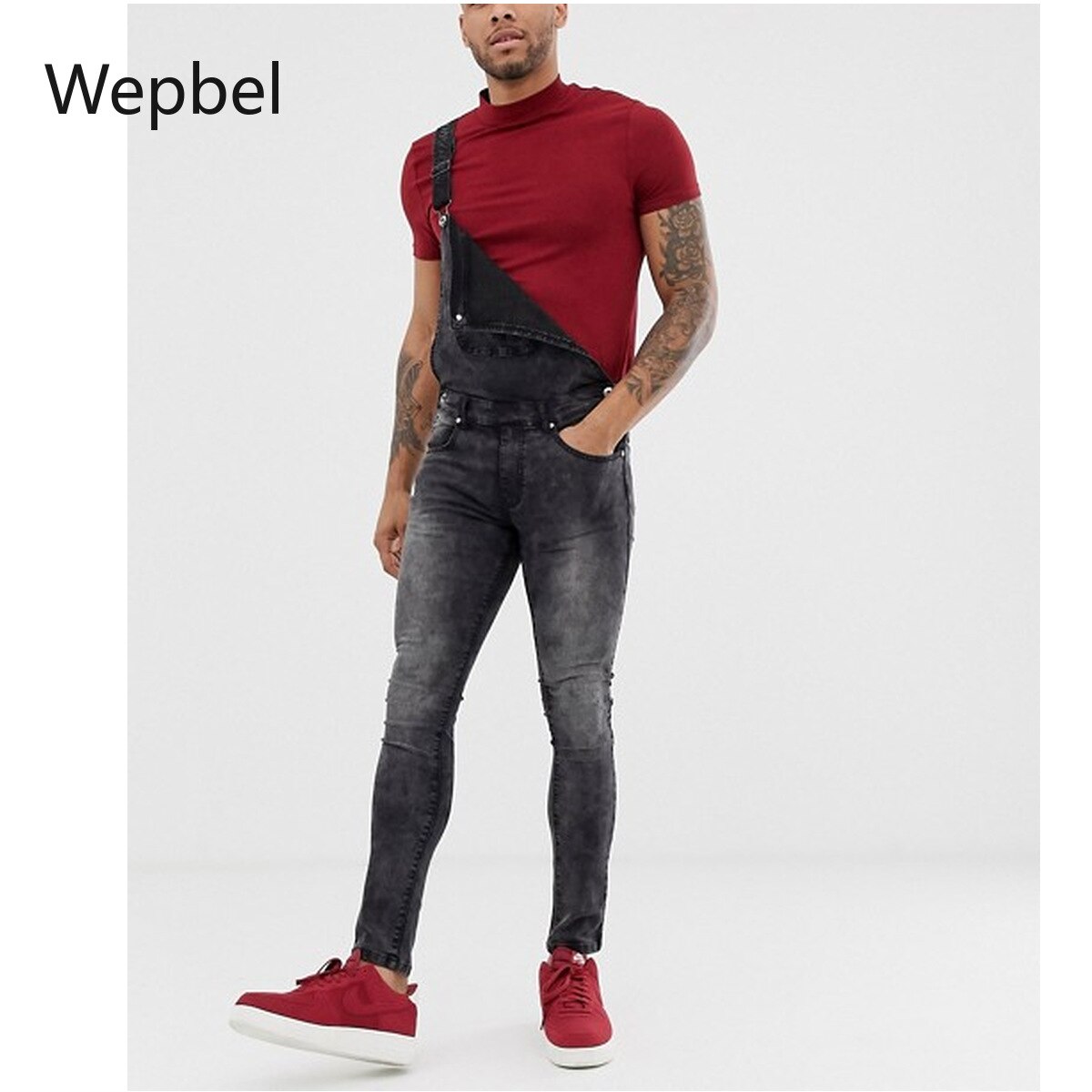 WEPBEL Men Jeans Pants Plus Size Solid Color Denim Overalls Grey Denim Jumpsuits Strap Rompers Ripped Jeans Trousers