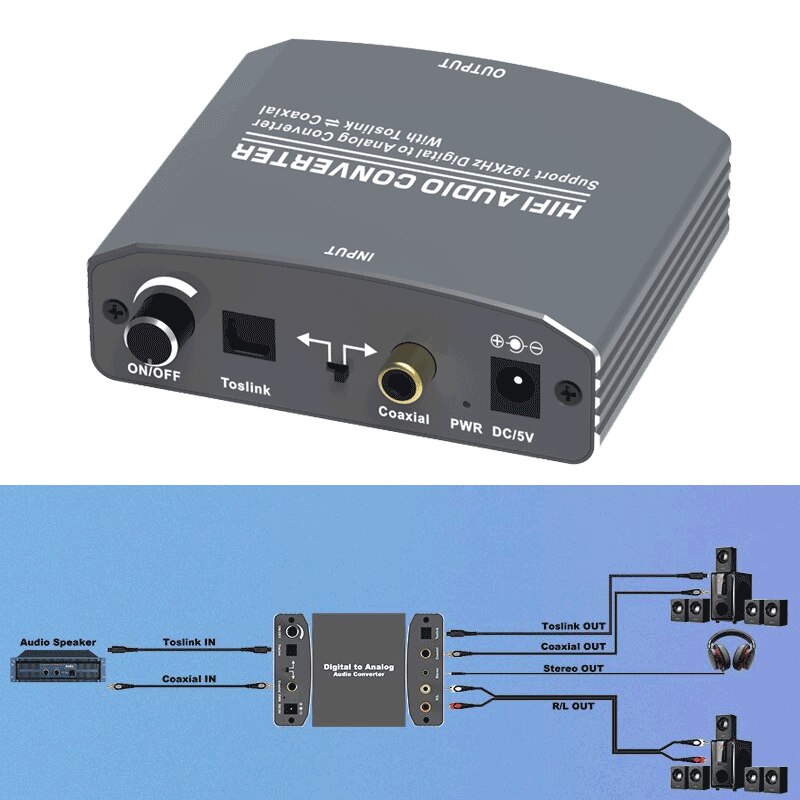 192khz numérique à analogique Audio convertisseur adaptateur optique Coaxial à 3.5MM Jack RCA avec bidirectionnel Toslink à Coaxial commutateur