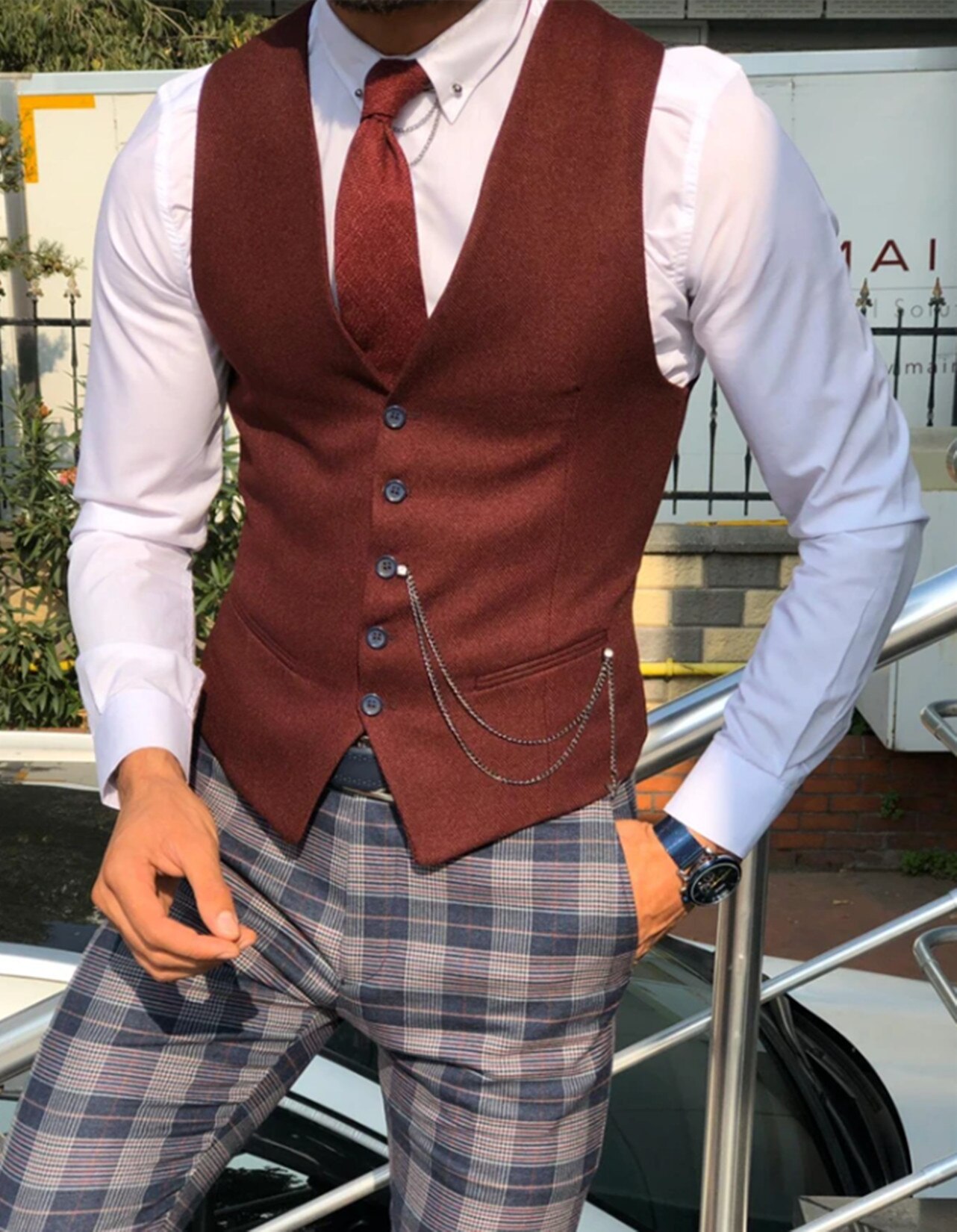 Men's 5 Button Herringbone Tweed Suit Vest Formal Groom's Wear Suit for Wedding Waistcoat