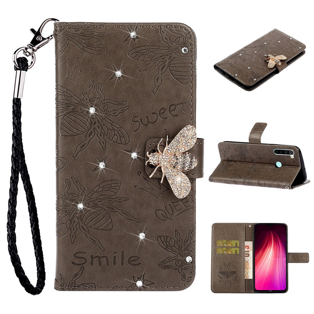 Bee Rhinestone Diamond Book Case Cover for Xiaomi Redmi 7 7A Note 7 8 Pro Luxury Flip Glitter Shell With Hand Rope