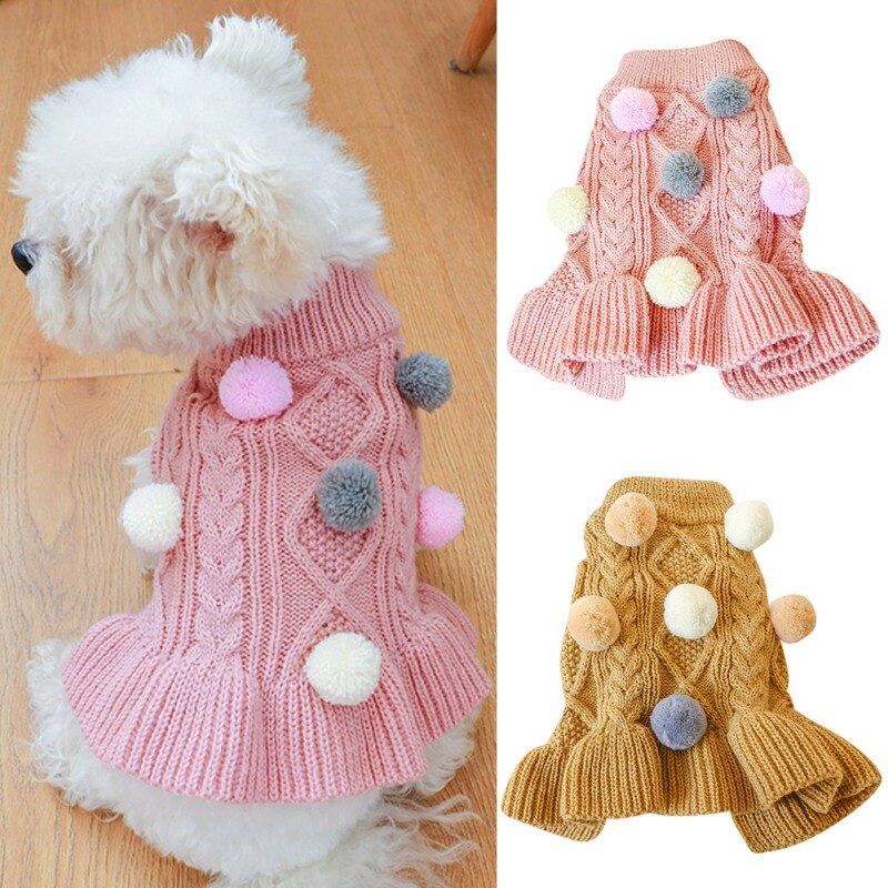 Ropa cálida para perro, suéter para mascotas, vestido de cuello alto, suéteres para cachorros, Falda de punto con pompón, ropa de invierno para mascotas pequeñas