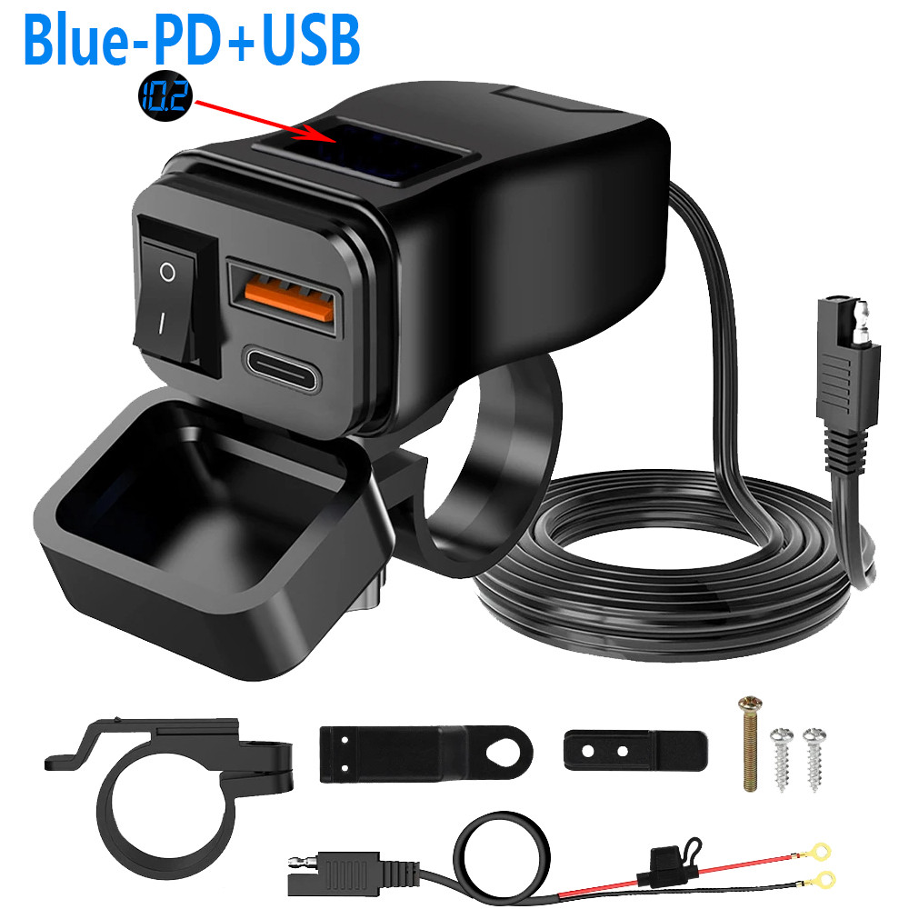 PD+QC3.0 Motorcycle USB Fast Charger 60W Handlebar Dual USB Socket with Switch Voltmeter Waterproof 12V Power Supply Adapter: Orange
