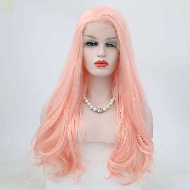 JOY & BEAUTY peluca larga de encaje sintético blanco rosa rojo, peluca frontal de fibra resistente al calor, peluca ondulada larga Natural de 26 "para mujeres blancas: PINK