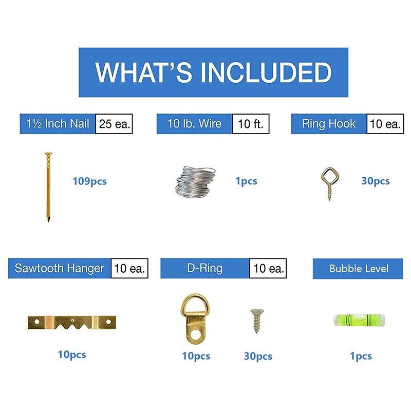 231 Pcs Assorted Picture Frame Hangers with Hooks, Nails, Hanging Wire, Saw Tooth, D Ring, Screw Eyes and Bubble Level