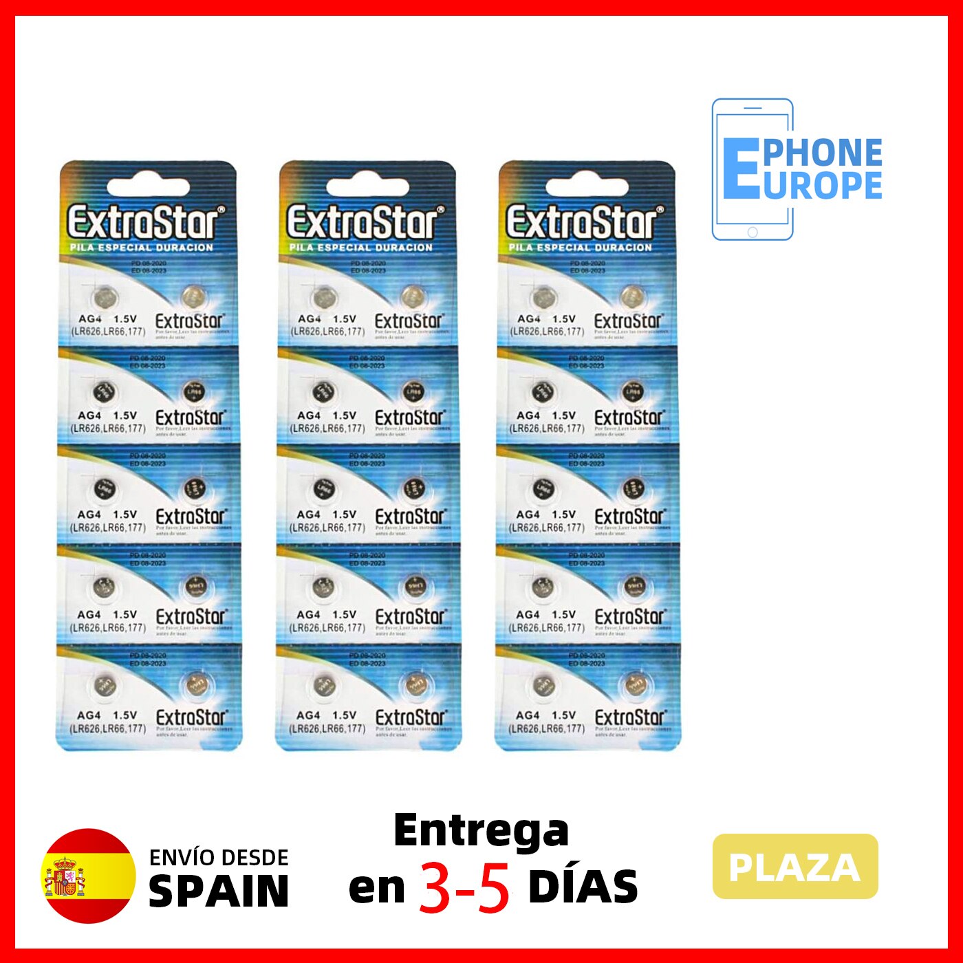 PHONEEUROPE - Pilas botón AG4 Extrastar o Alkalina , Pila Reloj 1.5V Equivalente a 377, 377A, LR626, V377, 377S, D377, SR626SW, SR66, SR626, S626E, SR628SW, LR626SW, SR66SW, SR625SW