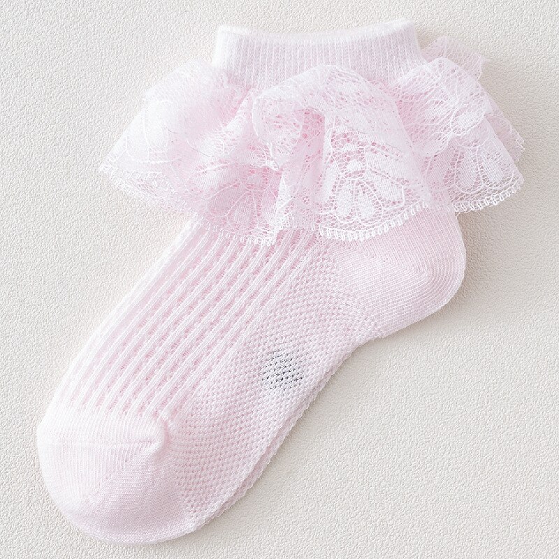 Chaussettes d'été en maille pour bébés filles, de chaussettes courtes en coton respirantes à volants en dentelle à fleurs: Pink / 4 to 6 Years Old