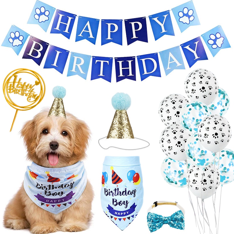 Handmade Dog Birthday Bandana Set Party Pet Pull Flag Triangle Scarf Cake Hat Decoration for DIY Pet Party Supplies: Blue set 2