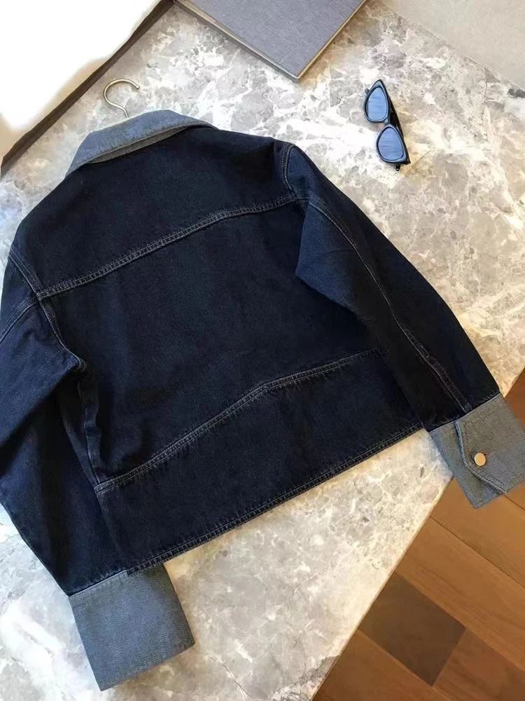 Retro contrasterende kleur revers denim jasje voor dames 2025, herfst losse single-breasted jassen, casual veelzijdige korte top