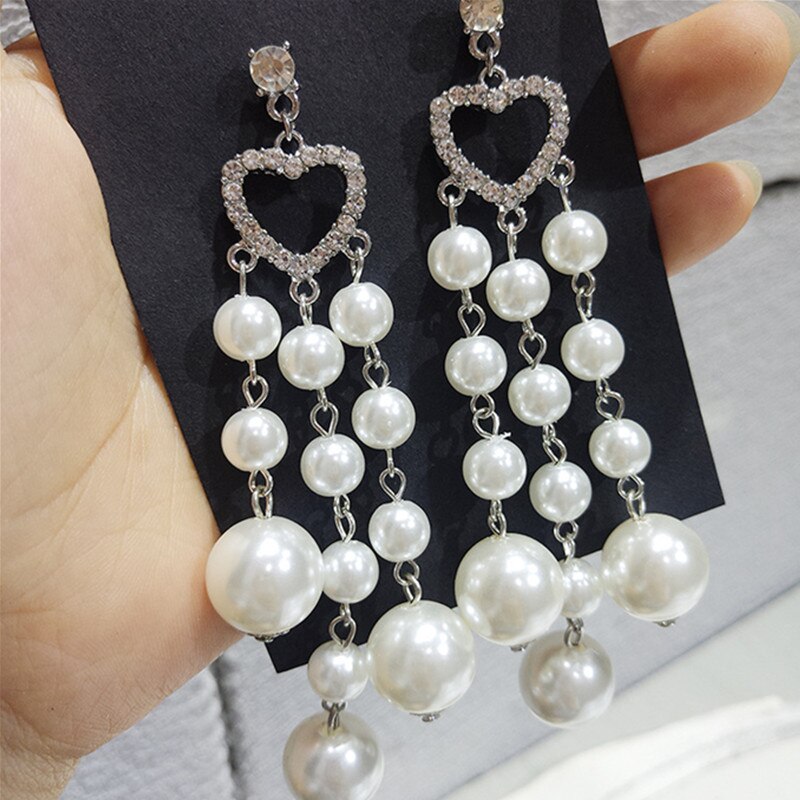 Full of pearls Heart Pendants Earrings Women Rhinestone Long Jewellery Charm Korean Earrings Girl