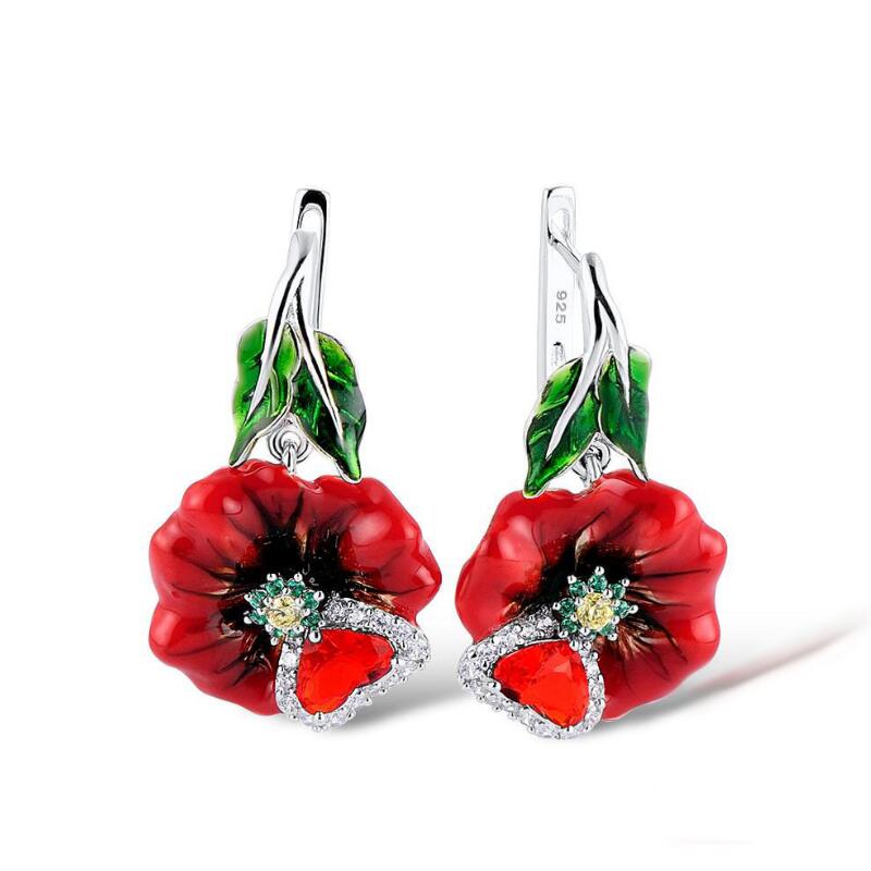 Women Bohemia Red Flower Enamel Jewelry Set Heart Shape Romantic Silver Pendant Necklace Ring Earrings Sets Wedding Jewelry