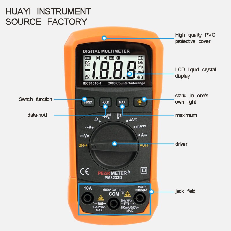 PM8233D multimetr cyfrowy handheld wysokiej precyzyjny liczenia zakres automatyczny woltomierz Lampa błyskowa podświetlenie duży ekran