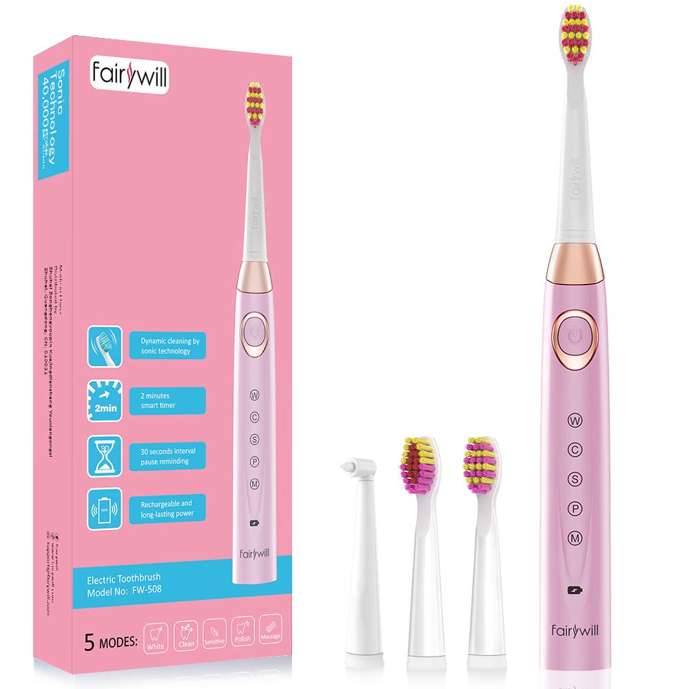 Fairywill FW508 Sonic Electric Toothbrush Rechargeable Replacement Heads Smart Timer Brush 5 Modes Fast Charge Tooth Brushes: FW508Pink