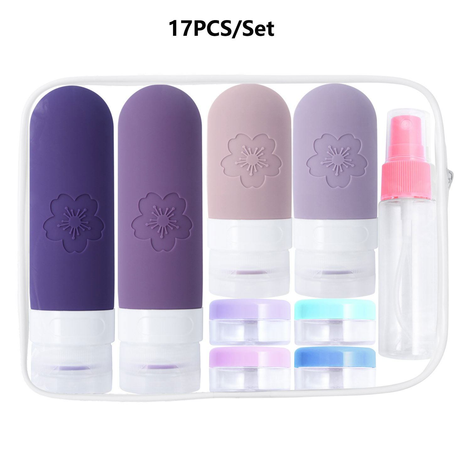 17- pack reseflaskor, tsa-godkända, läckagesäkra, klämbara silikonbehållare för toalettartiklar, balsam, schampo och lotion: Plommon
