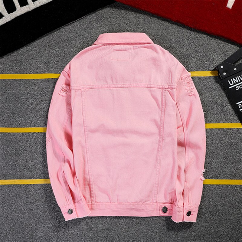 Men&#39;s pink denim jacket hip hop ripped streetwear leather