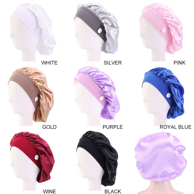 Satin Silk Nightcap Sleep Button Elastic More style Cap Nurse Hat Women Solid Long Hair Cap Hat Head Cover Bonnet Hat