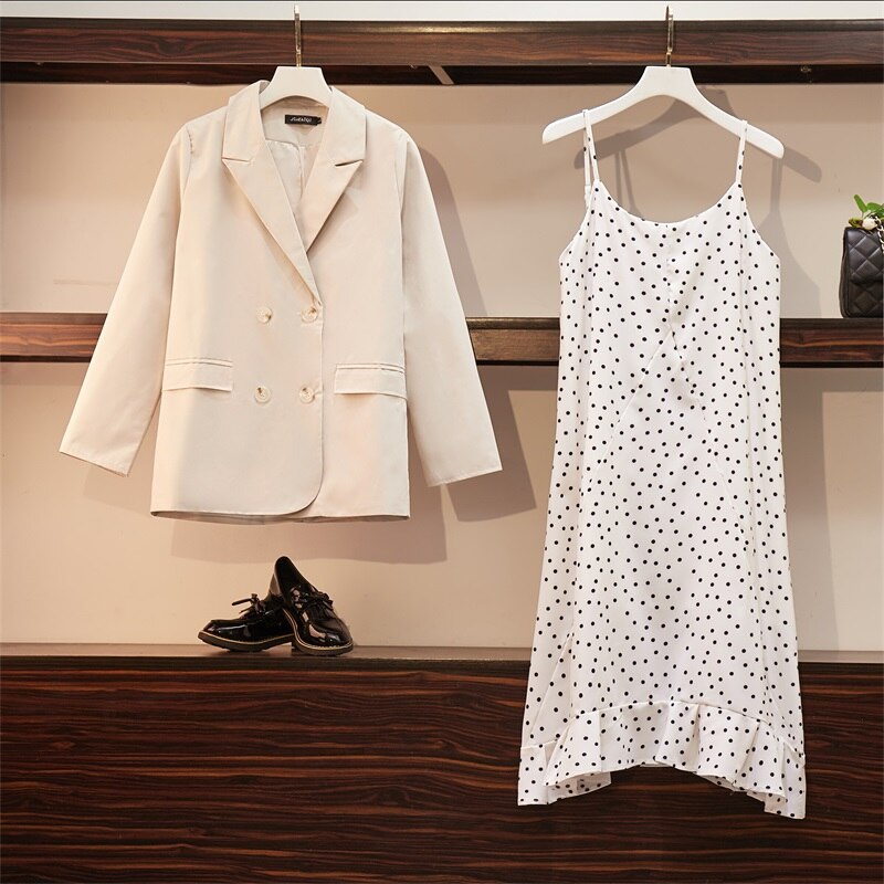 Autumn Plus Size Two Piece Sets Women Dress+Suits Casual Loose Long Sleeve Blazer And Dot Sling Dresses Suit Coat