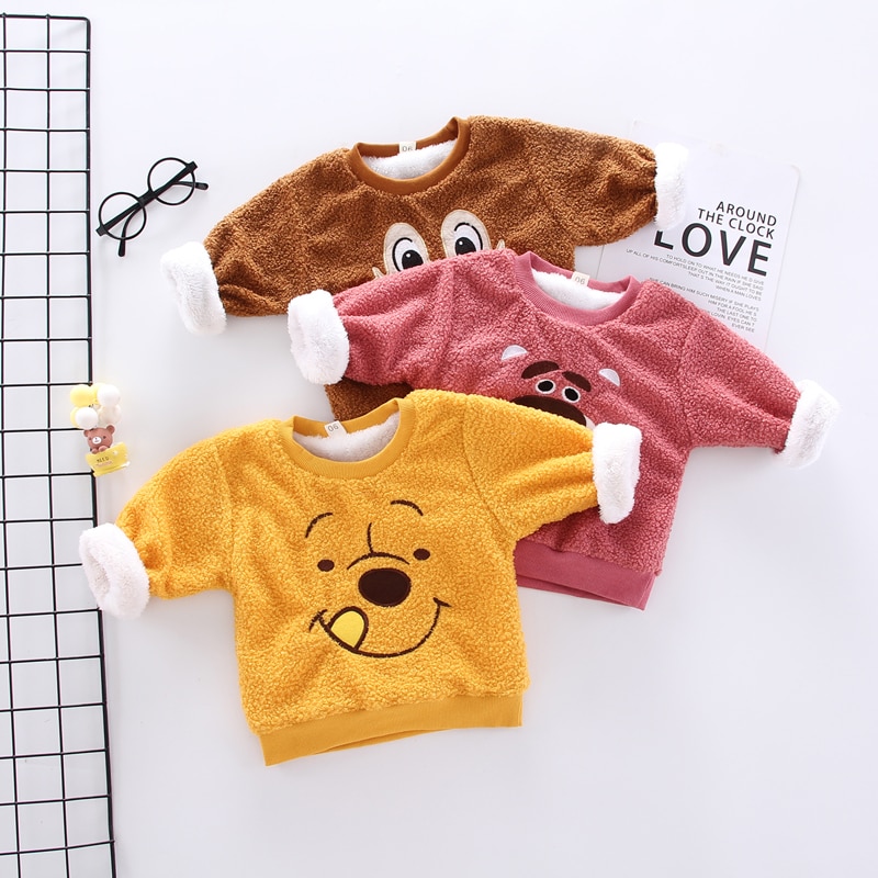 Ienens baby vinterkläder pojkar tröjor barn tecknad sweatshirt kläder varma hoodies 1 2 3 4 år tjej plus sammetstoppar