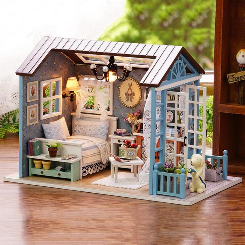 Handgemaakte Led Light Poppenhuis Amerikaanse Stijl Houten Speelgoed Voor Kinderen Klassieke Huis Diy Mini Poppenhuis Speelgoed Met Meubels Kit