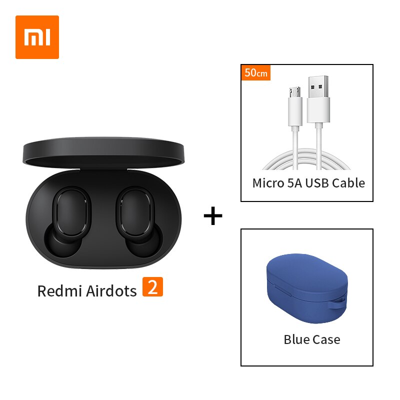 100% Original Xiaomi Redmi Airdots 2 Earbuds AI Control Stereo Bass with Mic Handsfree TWS Wireless Bluetooth 5.0 Earphone: add cable blue case