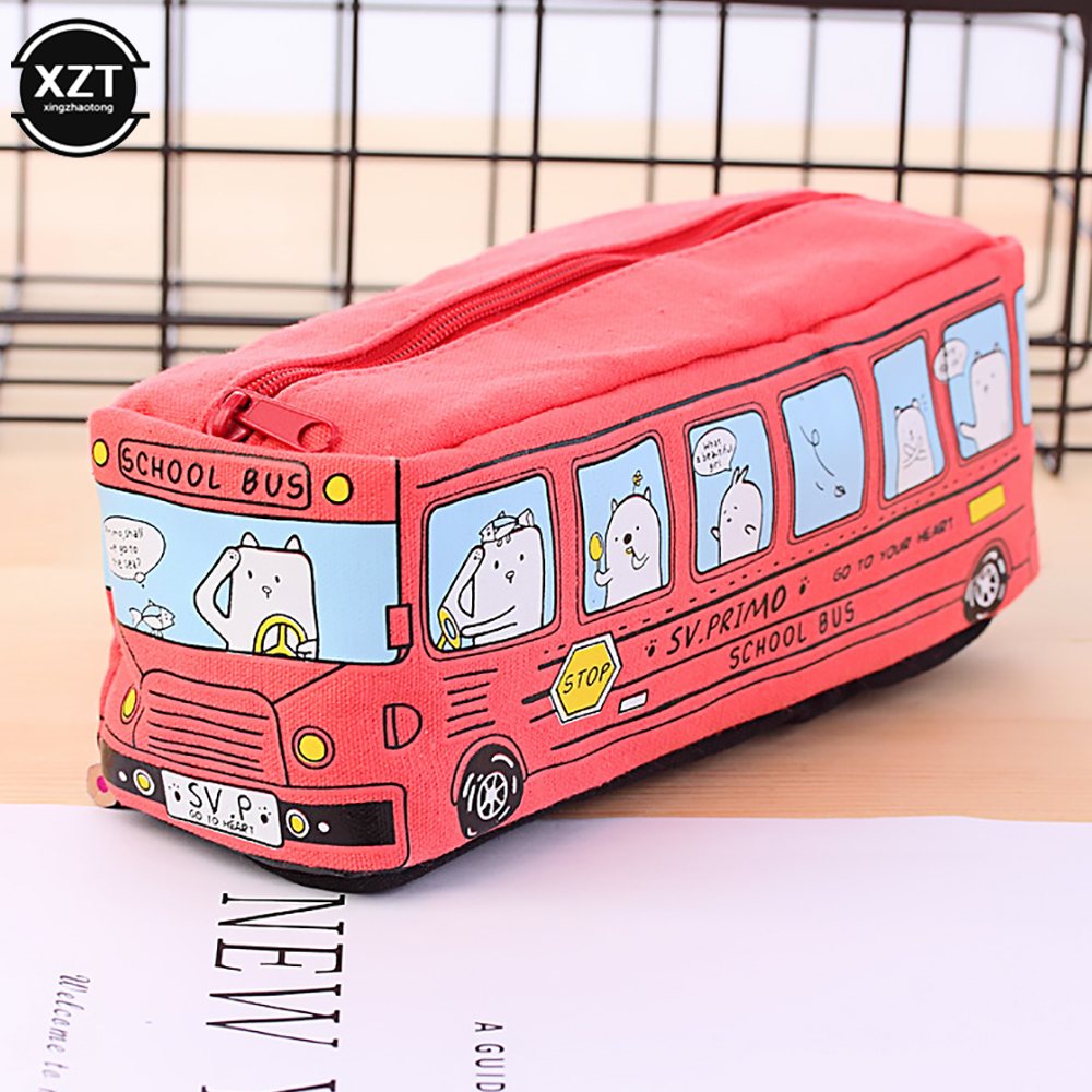 Cute Bus Pencil Case Canvas Stationery Box Large Capacity Pen Bag School Pencil Cases for Children Pen Case Kawaii Student: Red