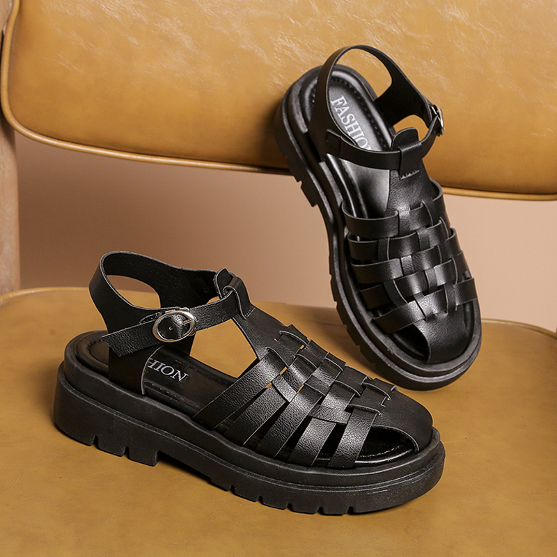 Vrouwen Sandalen Zomer Platte Platform Weave Sandaal Chunky Bodem Leer Mode Vrouwelijke Slippers Gesp Dames Schoenen