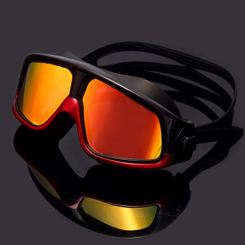 Svømmebriller behagelig silikone stor ramme justerbare svømmebriller anti-tåge uv mænd kvinder vandtæt svømmebriller: Rød sort