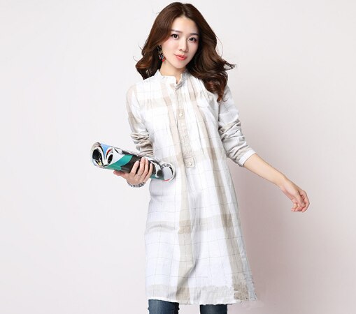 Camisas a cuadros de lino y algodón de manga larga para mujeres embarazadas, ropa de maternidad, Tops informales, blusas para embarazadas, Primavera,: Blanco / L
