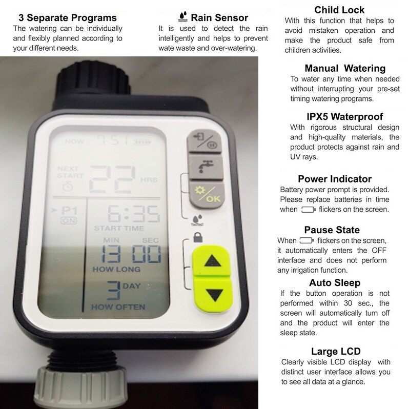 Watering Timer with Rain sensor Irrigation Timer Waterproof Water Level Sensor Automatic Watering System Irrigation Controller