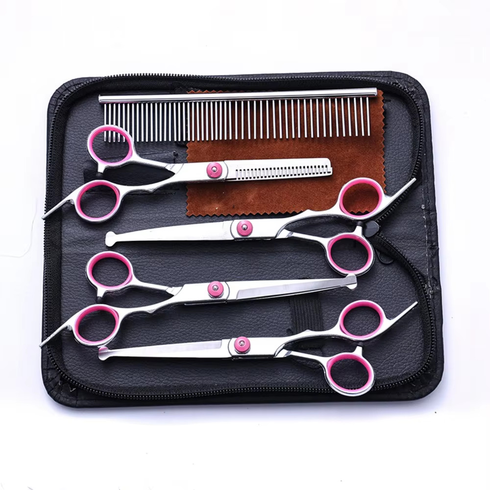 Ensemble de ciseaux de toilettage professionnels 5 en 1 pour chiens, ciseaux amincissants en acier inoxydable pour poils de chiens et de chats avec pointe ronde de sécurité pour animaux de compagnie: plum