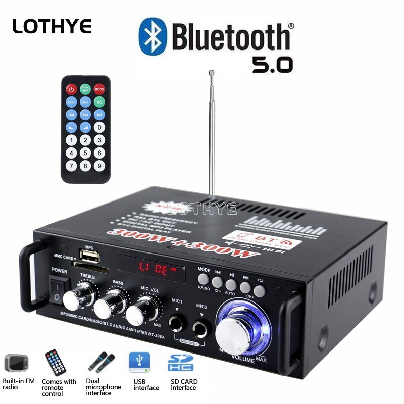 Bluetooth 5.0 Mini Audio Versterker 2.0 Kanaals 40W * 2 Hifi Digital Stereo Audio Versterker Home Theater Met afstandsbediening