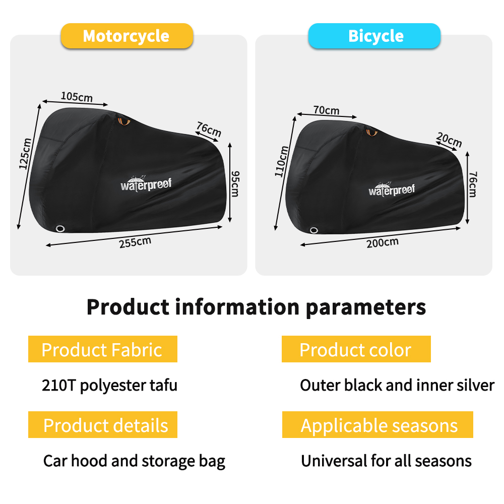 Housse de vélo imperméable, couverture de neige et de pluie, 255x125cm, protection UV pour vélo, anti-poussière, 210T, vtt, moto de montagne, toutes saisons