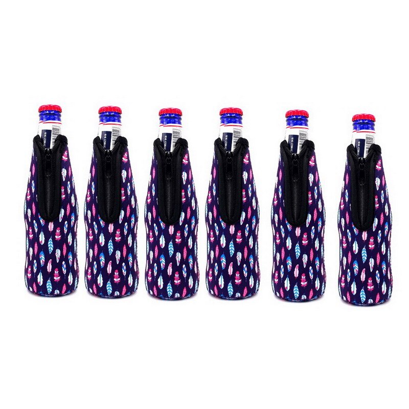 6pcs Beer Bottle Cooler Sleeves with Ring Zipper Collapsible Neoprene Insulators for 12oz 330ml Bottles Party Drink Coolies: Feather