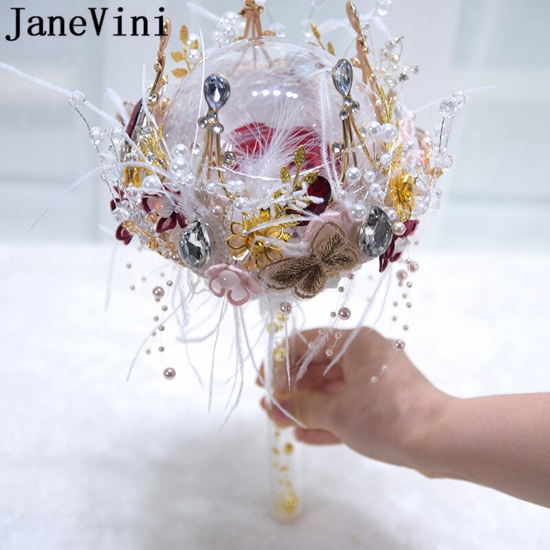 JaneVini luksusowa czerwona róża panna młoda berło złota korona pióro bukiet ślubny perły luksusowe ręcznie kryształbyć winnym kwiaty ślubne gospodarstwa