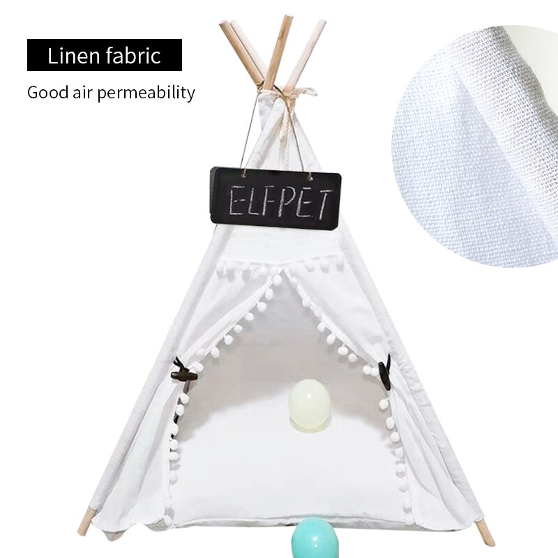 Casa tipi portátil para mascotas, tienda de campaña con cojín grueso y pizarra para interiores, casas modernas para cachorros y gatitos: linen 04