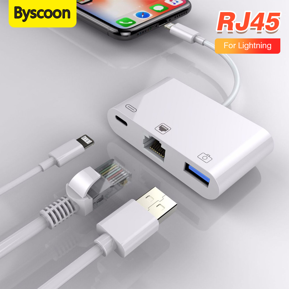 Adaptador 3 en 1 Lightning a tarjeta de red Rj45, adaptador de carga de cámara Lightning a Ethernet para iPhone 14 13/12/11 pro Max iPad