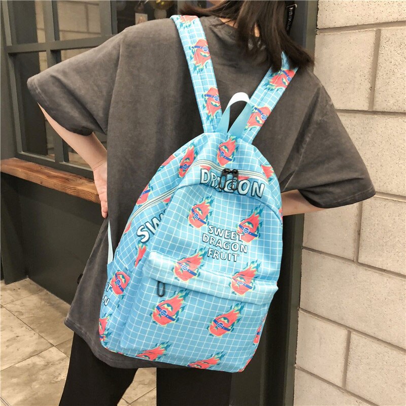 Girls Fruit Printing Backpacks Teenager Preppy Style Canvas Schoolbags Large Cute Tomato Avocado Durian Print Travel Bags