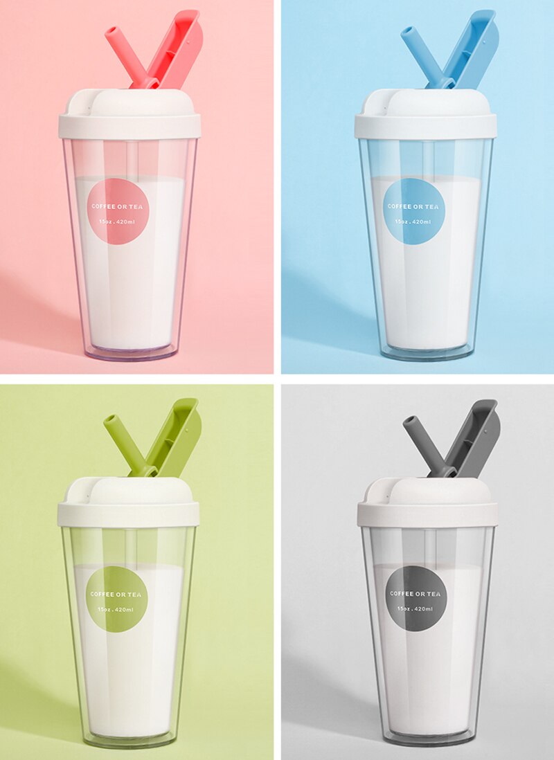 Ins 420ml dubbla lager återanvändbar kaffekopp mjölk te smoothie halmkoppar utomhus dricksflaska resemugg med borste