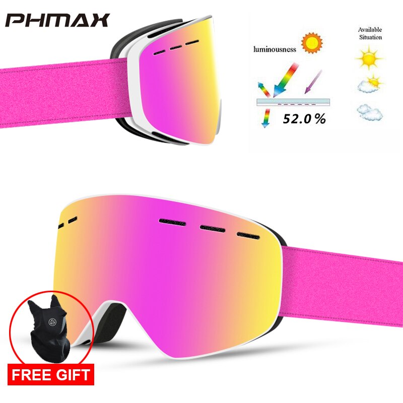 Phmax merkevare 6 farger skibriller dobbeltlag  uv400 anti-tåke butikk skimaske briller ski menn kvinner snøbrettbriller: P-xj -0206